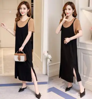 Sexy Sides Split Maternity Sets 2018 Summer Short Sleeve T-shirt +chiffon Strap Dress 2Pcs Set Loose Pregnancy Clothes QL6812