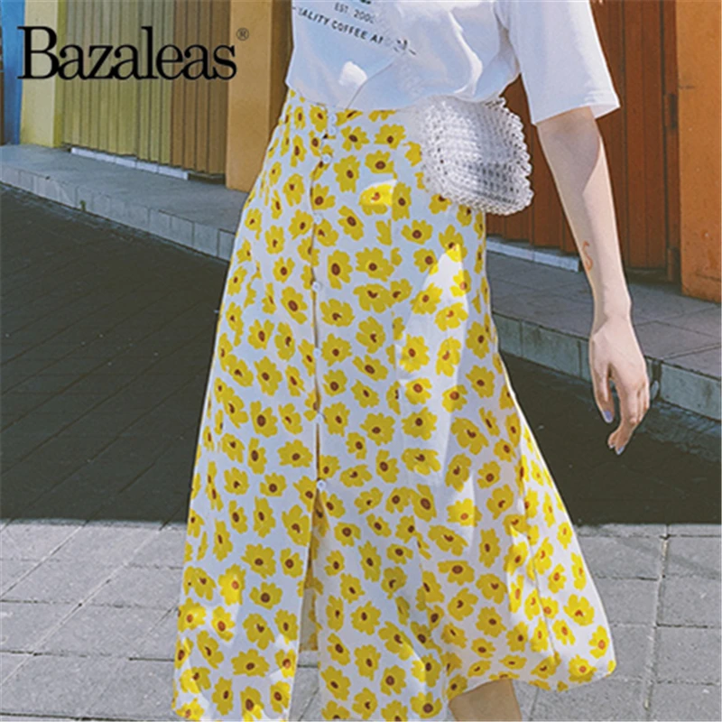 

Bazaleas Chic Sunflower print skirts Center buttons Women High Waist Skirts Vintage Yellow midi skirt drop shipping