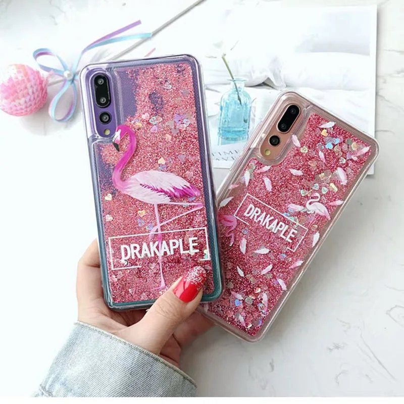 Flamingo Bling Glitter Liquid Clear Soft Case Cover on sfor Huawei P20 Lite Y5 2017 P10 P30 Honor 9 7X 10 Mate 20 P Smart Y6 Y9