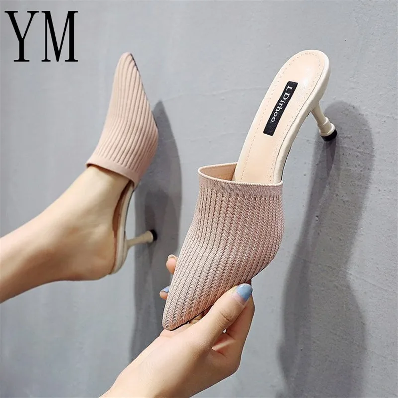 Sizes 34-39 Sexy Thin Heels Pointed toe Summer Knitting Women's Shoes Woman Sandals Slippers Hot Sale