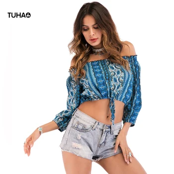 

TUHAO Summer Top Women Holiday Short Style Geometric Print Bohemian Intimates Tube Tops Slash Collar Strapless Top TB7015