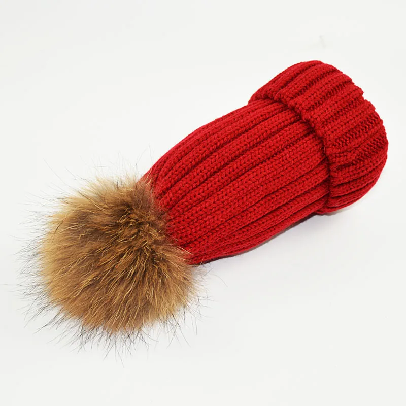 Детская вязаная шапка с помпонами из меха енота, шапочки для маленьких девочек, толстые теплые зимние шапки для мальчиков - Цвет: Бургундия