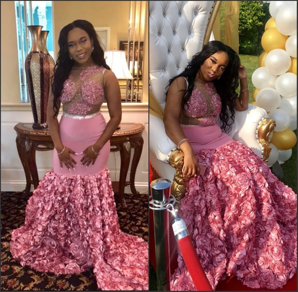 

African Black Girls Pink Floral Prom Dresses Mermaid 2019 Sexy Sheer Sleeveless Beaded Lace Party Gowns With 3D Flowers Train