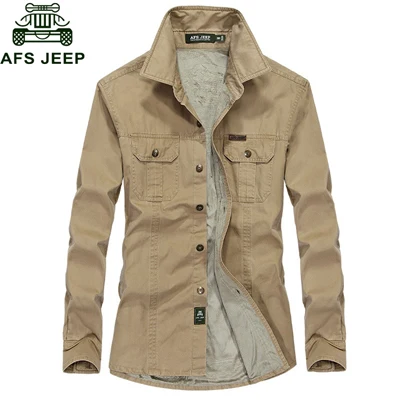 AFS JEEP рубашка мужская зимняя флисовая Толстая теплая с длинным рукавом мужская рубашка Chemise Homme Военная Повседневная мужская рубашка размера плюс M-6XL - Цвет: Khaki