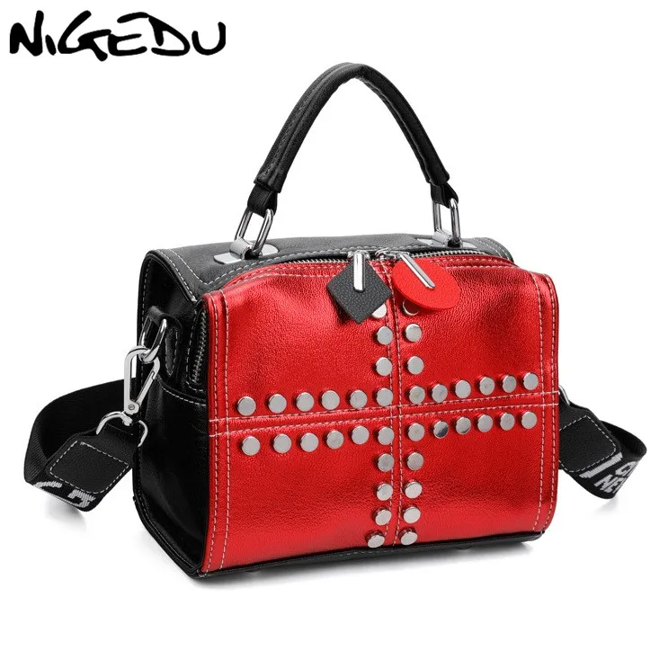 

NIGEDU Rivet design women handbag Letter wide strap Shoulder Bag for Female Crossbody Bag high quality pu leather ladies Totes
