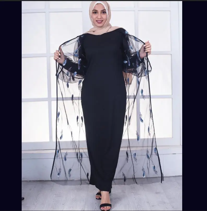 One Plus Size Abaya Kimono Muslim Women Long Embroidery Patchwork Mesh Cardigan Chiffon Blouse Turkish Islamic Clothing - Цвет: Black Cardigan