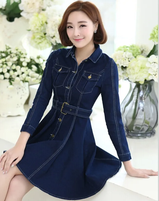 

2019 Woman Spring Denim Dress Long Sleeve workwear Blue Casual Vestido Jeans Female Cowboys Dresses Jeans Dress