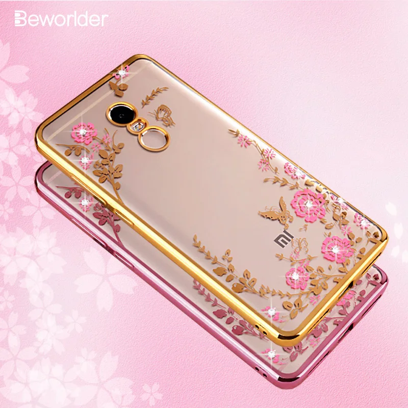 Beworlder Case For Xiaomi Redmi Note 4 5.5 inch Silicone Gold Plating Cover Rhinestone Soft TPU note 4X pro prime |