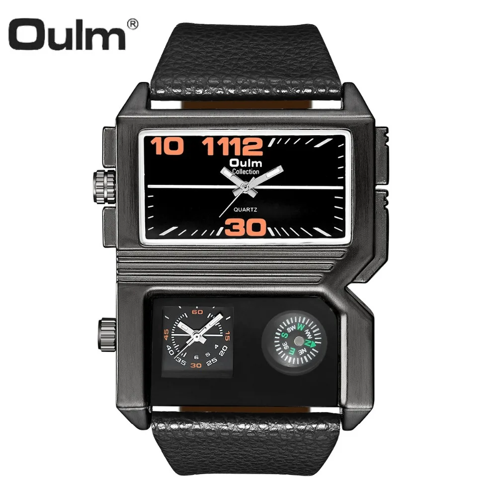 

OULM Big Case Casual Sports Quartz Watch Men Double Time Zone Brown Leather Strap Top Brand Luxury Fashion Wrist Watches Clock