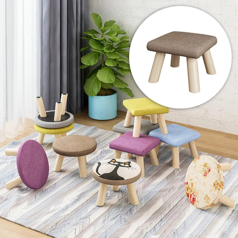 Round Ottoman Stool Small Wooden Soft Rest Chair Quadruped Pouffe Footstool Seat