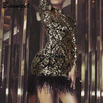 

2020 Bandage Dress Women Gold New Chic Long Sleeve Floral Sequins Bodycon Dress Feathers Elegant Evening Party Dress Vestidos