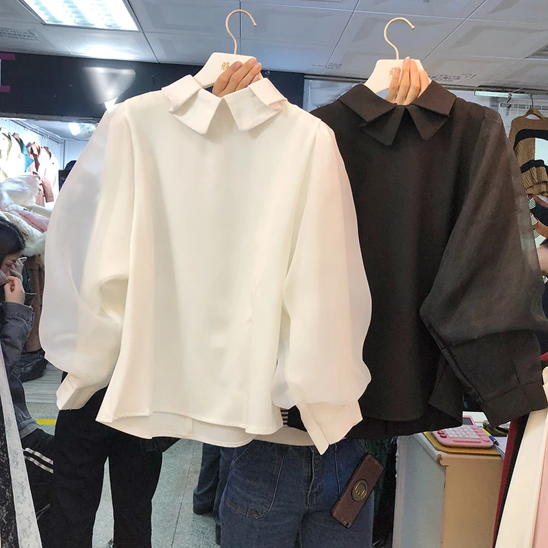 Vogue Solid органзы молния 2018 Новый Осень Для женщин футболки с пышными рукавами