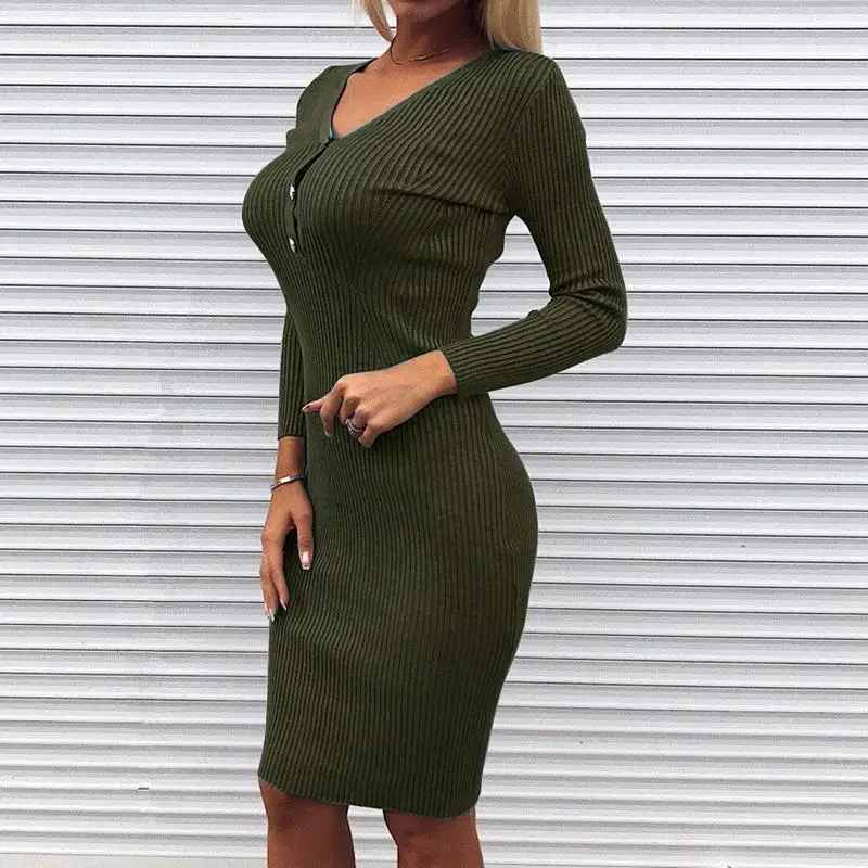 Зимнее платье Новые поступления миди длинные Bodycon V шеи одежда с длинным рукавом Вечерние пикантные повязку халат Офисные женские туфли