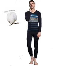 Чесаный хлопковый двухсторонний жаккардовый комплект термобелья Мужская полоска Осень-Зима Одежда подштанники