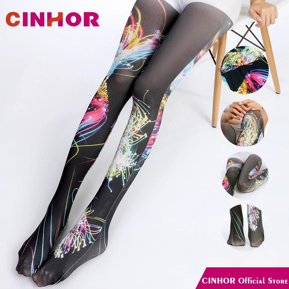 

CINHOR Original Silk Stockings Printing Pattern Breathable Hips Leg Slimming Pantyhose Winter Moisture Wicking Home Silk Hose