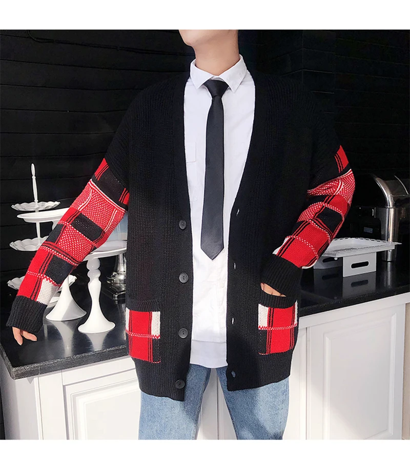 Korean Oversized Sweater Cardigan Men Plaid  (20)