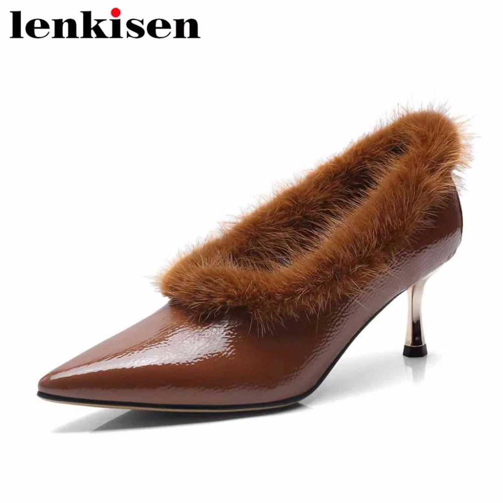 

Lenkisen art design slip on pop mink fur strange med heels natural leather european style streetwear runway women sexy pumps L00
