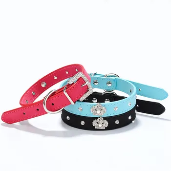 

New Punk Style Pu Leather Dog Collar Diamond Imperial Crown Pet Collar for Small and Medium Dog Pet Necklace Pet Accessories