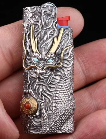 

LSDL handmade Tibetan silver dragon embossed bic J5 lighter