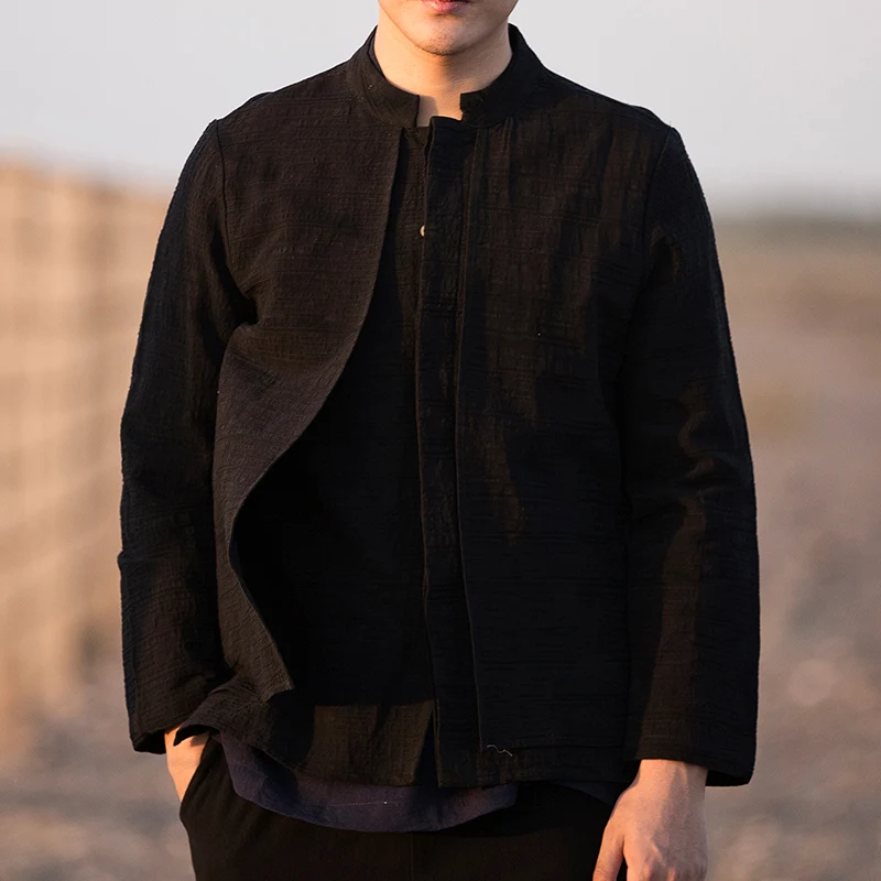 Sinicism Store, Мужская одежда, хлопок, лен, повседневные черные рубашки, мужские рубашки с длинным рукавом, китайская фальшивая ветровка из двух частей - Цвет: Black(Asian Size)
