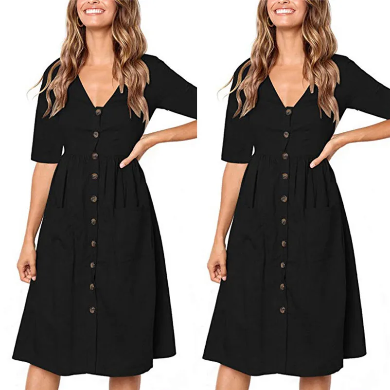 Fashion Autumn summer dress 2018 casual dress Women Holiday V Neck Solid Half Sleeve Buttons Club Party Dress vestido Y26#N (9)