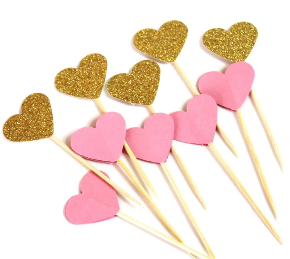 24 Gold And Pink Mini Heart Cupcake Toppers Food Picks Weddings