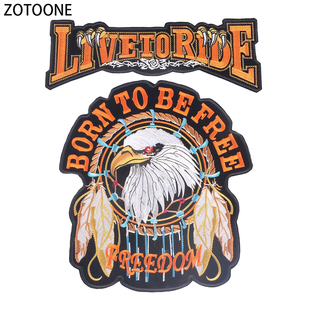 

ZOTOONE Live To Ride Iron on Patches for Clothing Eagle Beaded Appliques Large Embroidered Back Patches DIY Clothes Decoration E