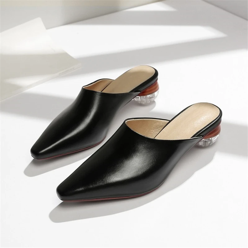 Ouqinvshen Transparent Women Mules Genuine Leather Concise Fashion Solid Black Women Slippers Summer Pointed Toe Ladies Slippers Ouqinvshen Transparent Women Mules Genuine Leather Concise Fashion Solid Black Women Slippers Summer Pointed Toe Ladies Slippers