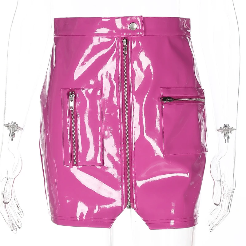 CWLSP новые розовые юбки из искусственной кожи летние сексуальные юбки для женщин облегающие мини-юбки с разрезом на молнии с металлической пуговицей QZ2579