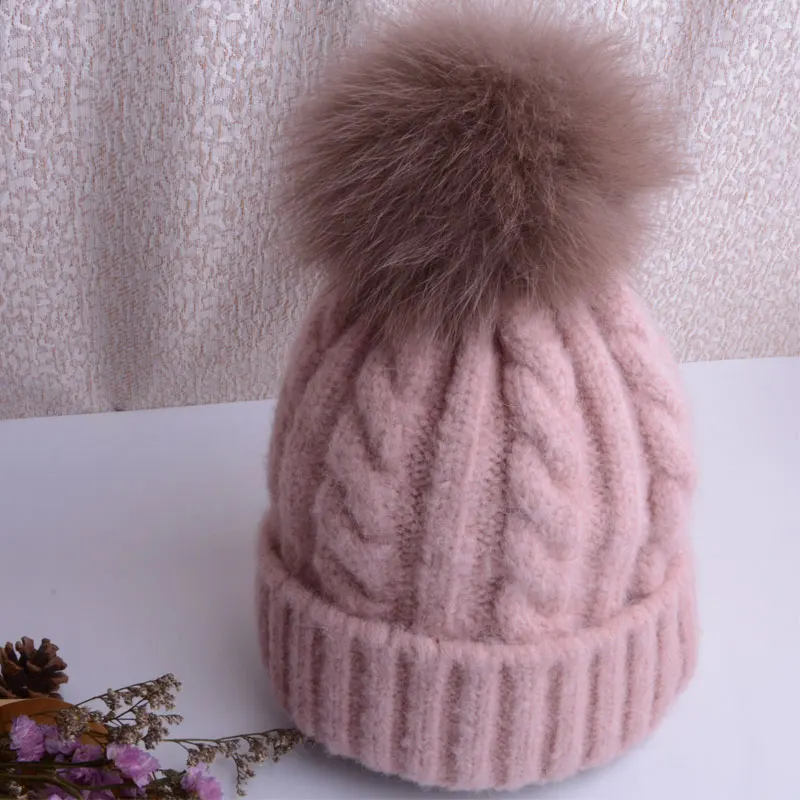 winter hat female winter cap hat with pompon knitted caps women beanie female hats for women pom pom hat - Цвет: pink