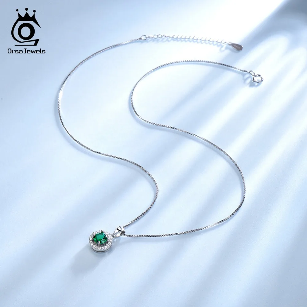 ORSA JEWELS женское серебряное ожерелье из натуральной 925 пробы, имитирующее круглый нано изумруд AAA Блестящий CZ кулон, Женские Ювелирные изделия VSN03