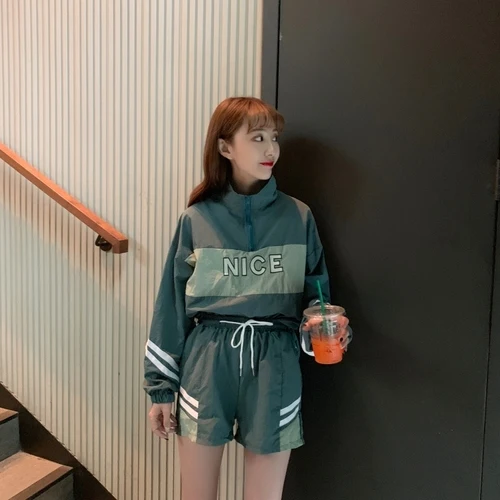 

Tracksuit Women Korean 2019 Spring 2 Set Woman High Waist Ladies Sets Letter High Waist Suit Womens Stripe Women's Tracksuits