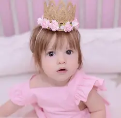 Новинка розовые цветы Золотая кружевная Корона повязка на голову для ребенка аксессуары для волос Золотая мини кружевная корона для