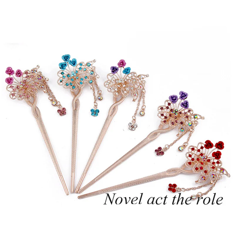 

2017 NEW luxurious brand Fashion Classic Retro tassel butterfly Roses Zircon Hair sticks Fashion jewelry For women Free shipping