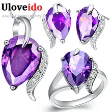 Uloveido circonita Vintage pendientes del collar del anillo accesorios púrpuras banquete de boda Bijoux joyas de plata establecidos T067