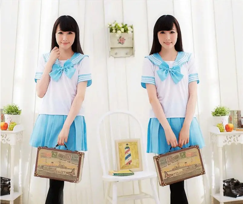 Korean Version Cosplay Costume Sailor Collar School Uniform Set With Bowknot Super Stretch  Girls Cotton Pleated Skirt 11
