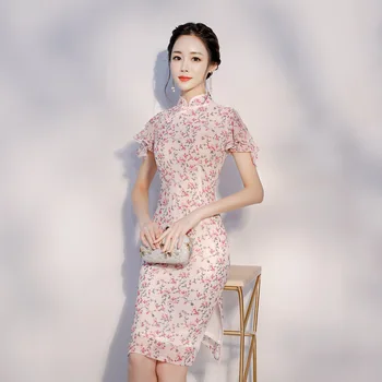 

Women Elegant Cheongsam Chiffon 2020 NEW Floral Pink Qipao Chinese Traditional Ruffle Sleeve Slim Mandarin Collar Dress S-XXL