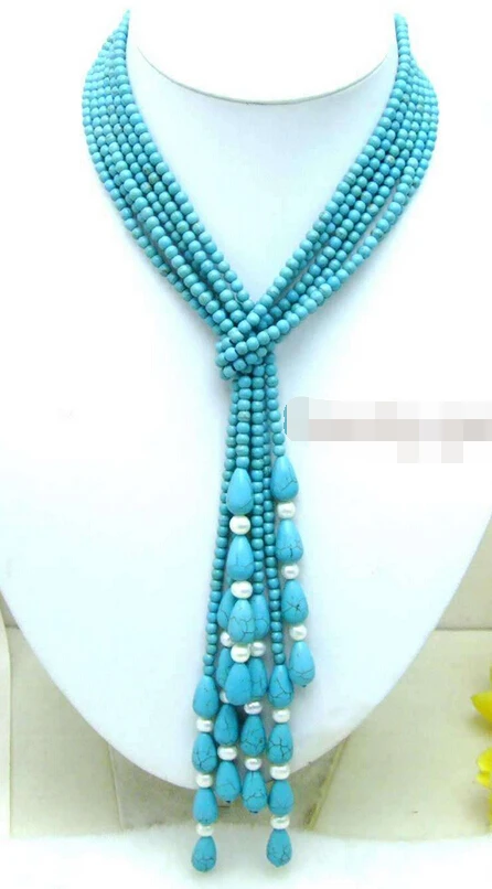

Miss charm Jew1643 Super LONG 45" NOBLEST 4mm Round light blue TURQUOISE 3 STRANDS NECKLACE