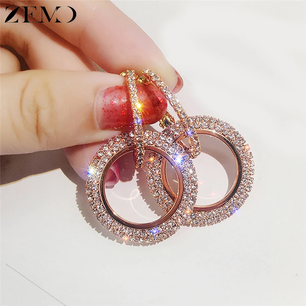 

ZEMO Double Circle Round Pendant Earrings Drop Women Earrings Rose gold/silver/gold Color Crystal Earring Brincos Female Jewelry