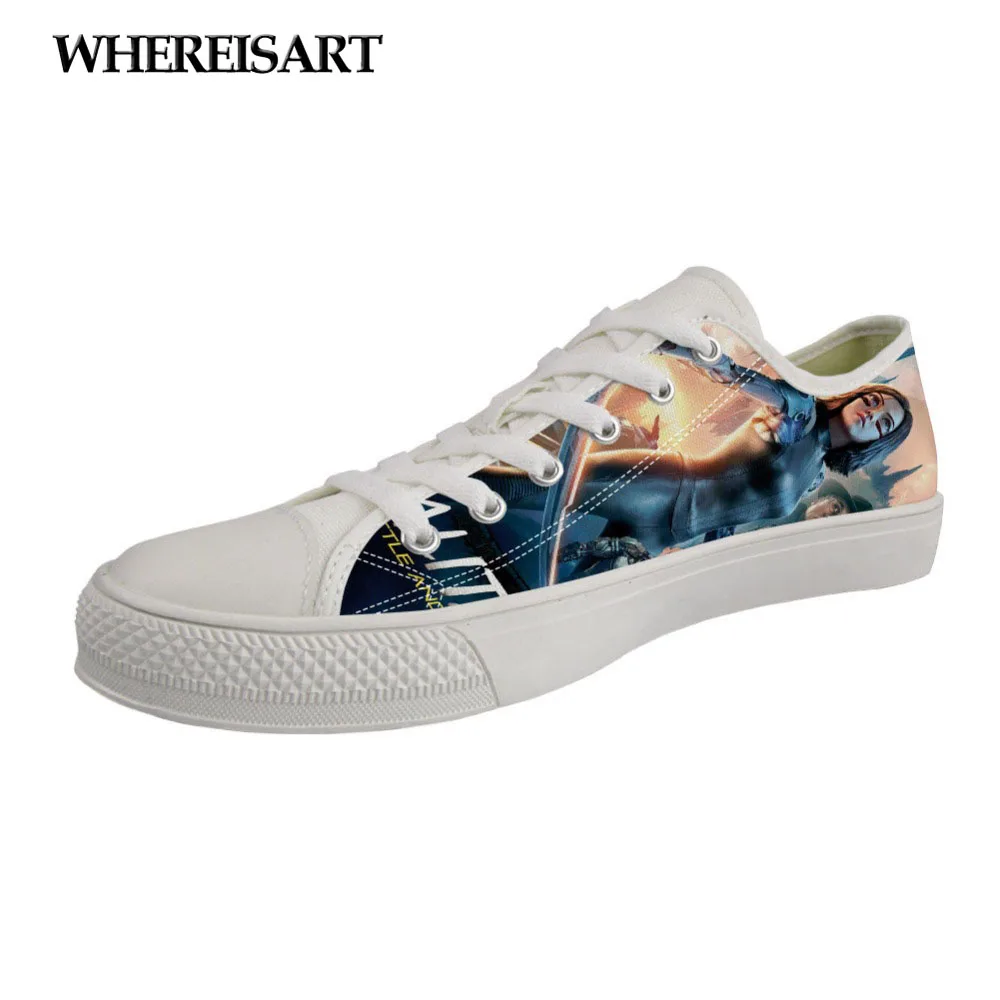 

WHEREISART Classic Casual Low Style Sneakers 2019 Women White Canvas Vulcanize Shoes Lace Up Female Alita Battle Angel Print