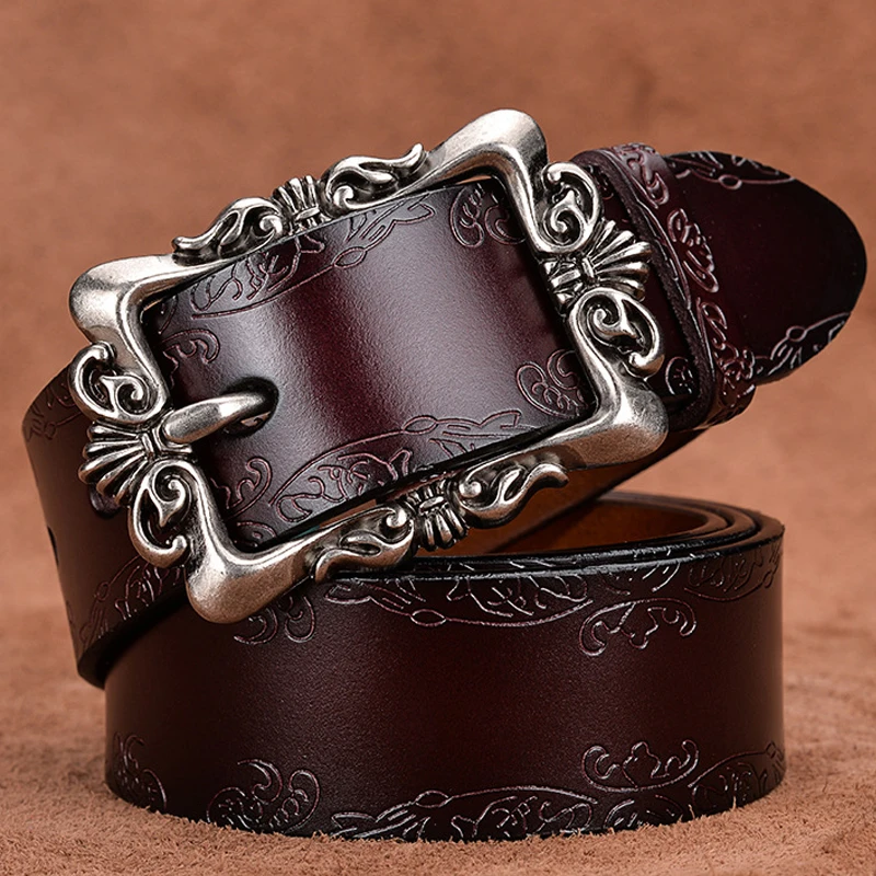 

Luxury Pin Buckle Brand Designer Belts Cowhide Women High Quality Carved Genuine Real Leather Female Strap for Jeans