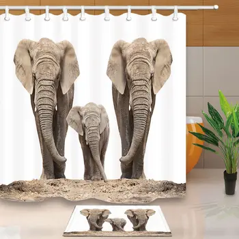 

African elephant family Shower Curtain Bathroom Polyester & 12hooks