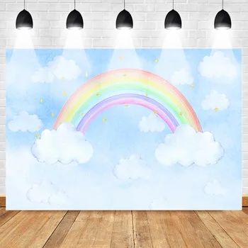 Rainbow Photography Backdrops Photocall Cartoon Birthday Photo Background Cloud Sky Shiny Stars Newborn Party Banner Supplies rainbow sky gold stars unicorn baby shower custom photo backdrops pink photography studio background 7x5ft