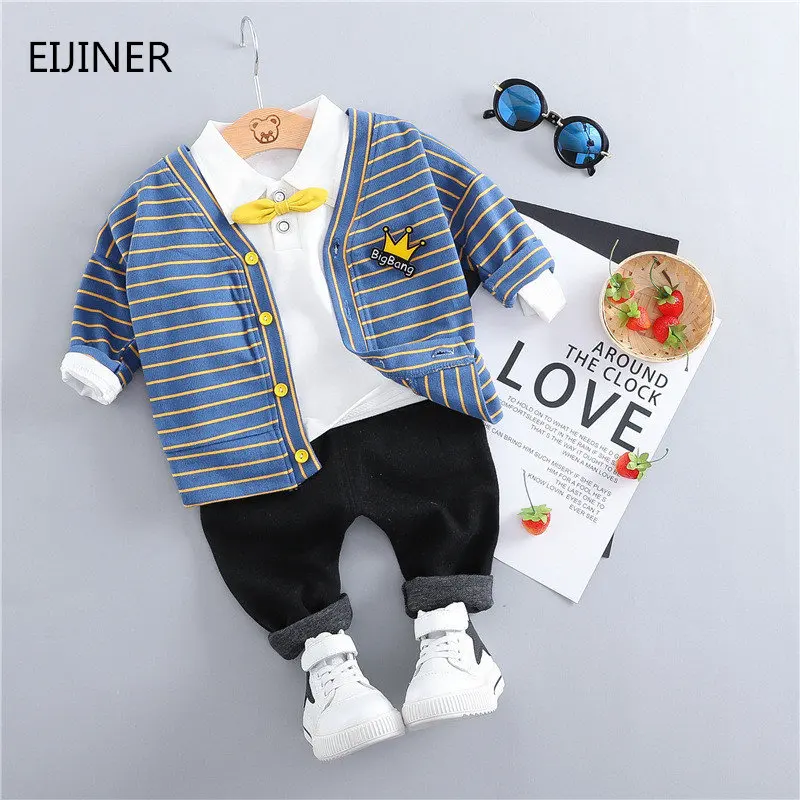 

3pcs Baby Boys Clothes Autumn 2019 New Cotton Children Clothes Sets Long Sleeve Striped Coat+T Shirts+Pants Boys Girls Clothing