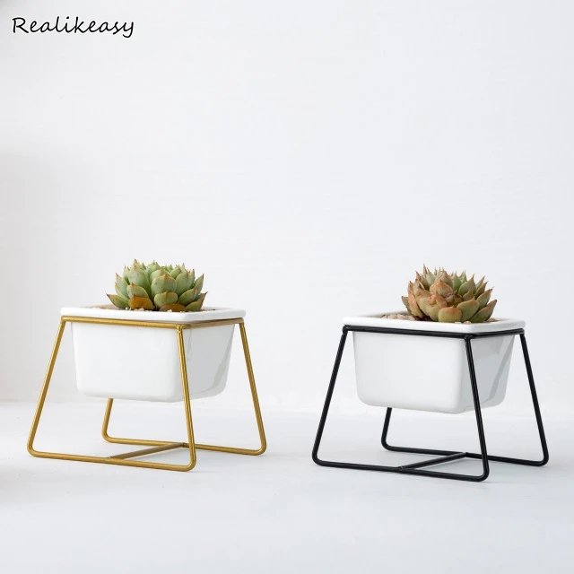 

Ceramic Flower Pot Set Wrought Iron Square Trapezoidal Flower Pot Iron Frame Green Plant Home Garden Office Desktop Decor ZM218