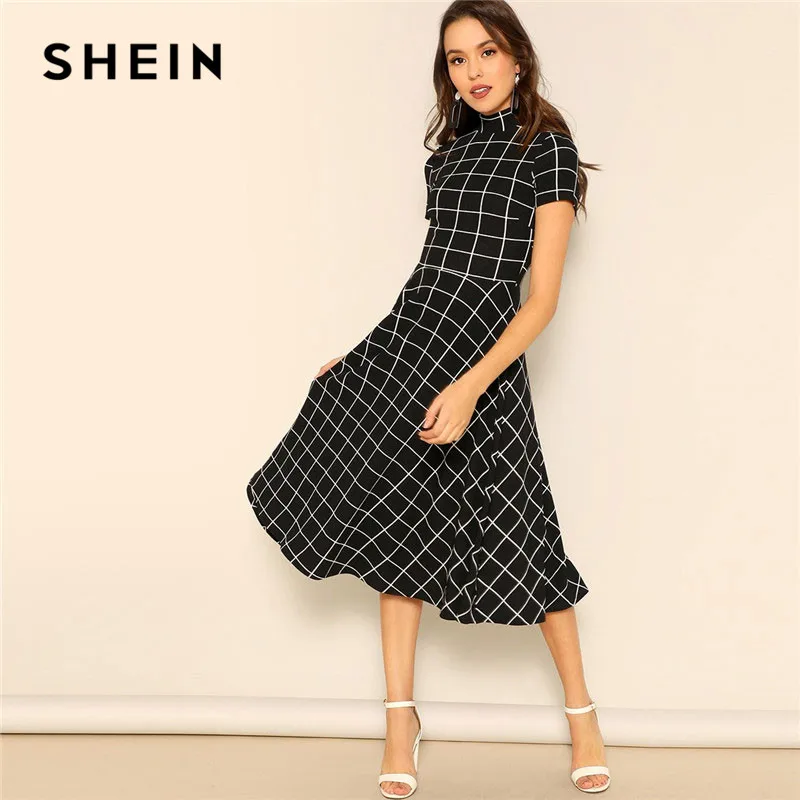 Download SHEIN Black Keyhole Back Mock Neck Fit And Flare Grid Midi ...