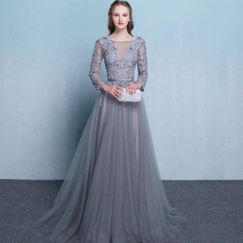 

Beauty Emily Evening Dress 2019 Long Lace Up Beads Grey A Line Formal Party Prom Dress O-neck Floor-length