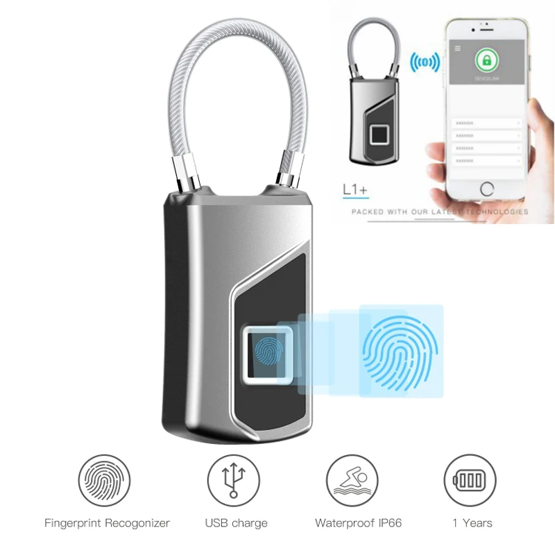 

Anti-theft Bluetooth Lock Waterproof IP66 Portable Smart Biometric Fingerprint Padlock Keyless USB Charge For Bag Cabinet Bike