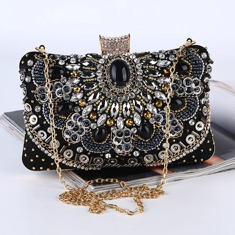 Party Evening Bag Women's PU Crystal Evening Bag Retro Black Clutch