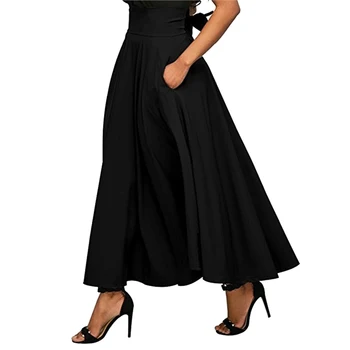 

Fashion Solid Color Women Back Bow High Waist Pleated A-Line Swing Maxi Skirt New Chic Vintage